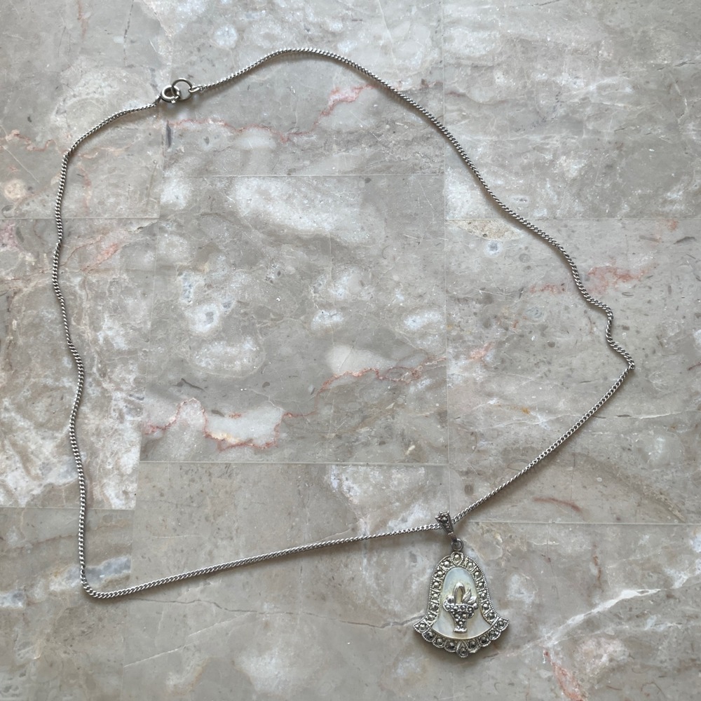 Vintage Theda Sterling‎ Silver Marcasite Mother of Pearl Bell Basket Necklace